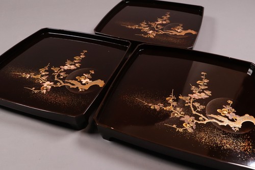 Japanese Wooden Lacquer Set of 3 Legged Tray Gold Moon&Plum Blossom Tea Ceremony - Picture 6 of 17