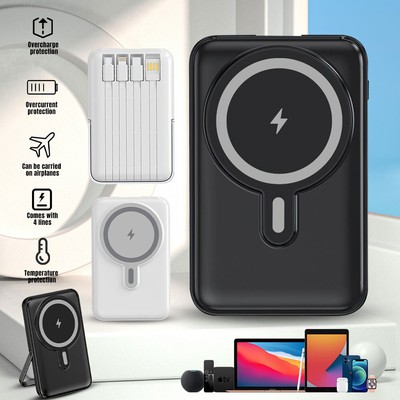 20000mAh Magnetic Power Bank Wireless Battery Pack w/ Stand with 4 Cable