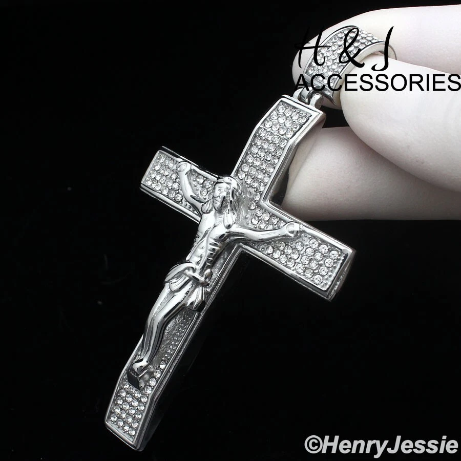 COLGANTE CRUZ JESUCRISTO GRANDE PLATA CIRCONITA CÚBICA HELADA ACERO INOXIDABLE HOMBRE*AIP142 Foto 3 de 4
