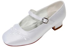 HBH Satin Kommunionschuhe, Blumenmuster verziert,Lederriemchen,3cm Absatz - Weiß