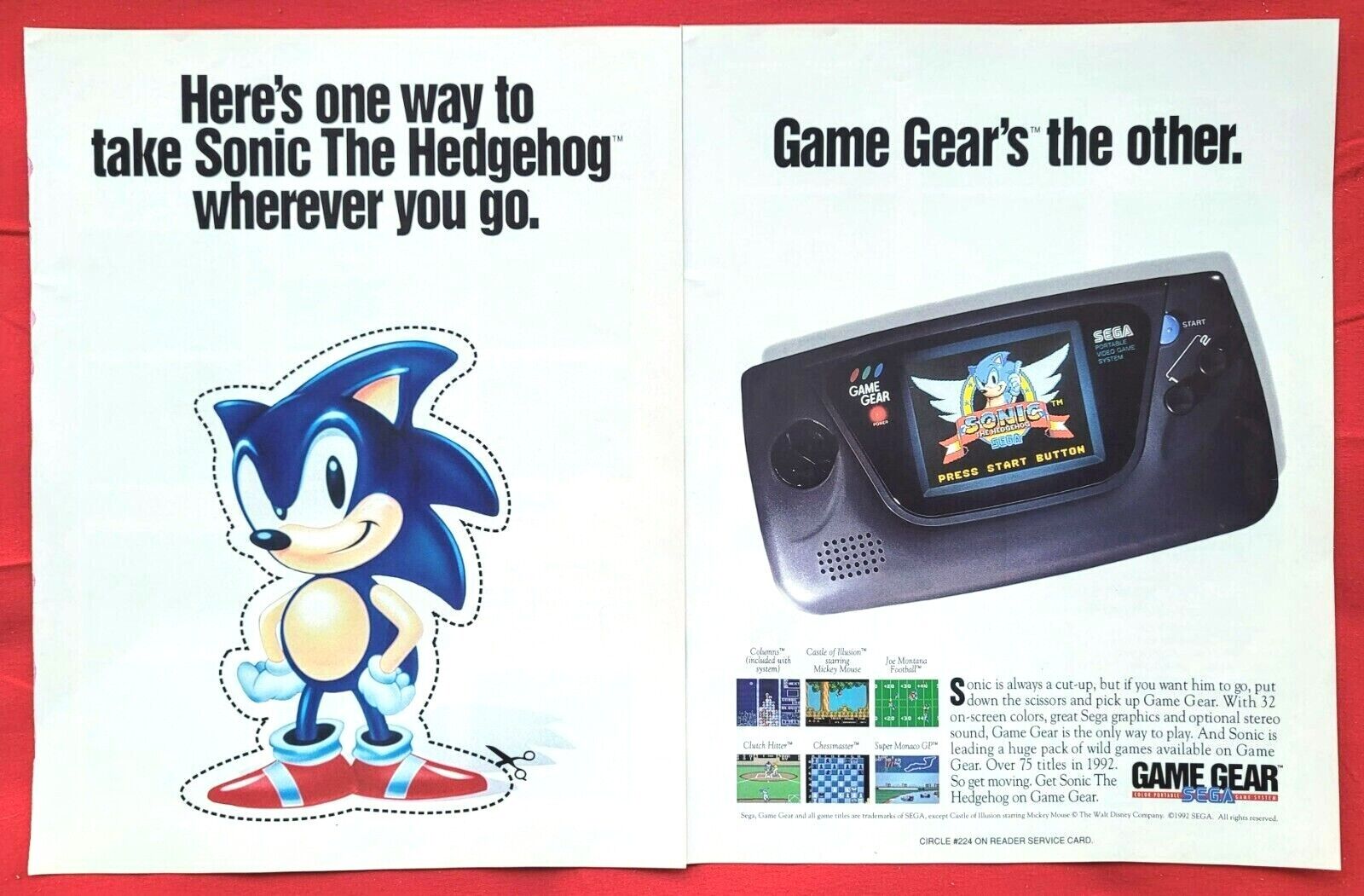 RARE! 1992 SONIC THE HEDGEHOG 2 Sega Game Gear Video Game - 2pg Promo PRINT  AD
