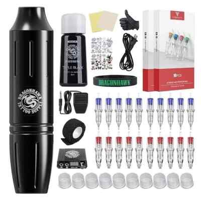 DRAGONHAWK Complete Tattoo Pen Kit Rotary Atom M1 20Pcs Cartridges Foot Pedal