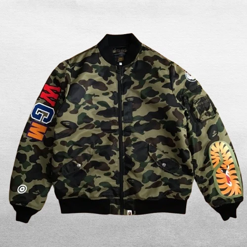 A BATHING APE (BAPE) Giacca BAPE SHARK MA 1 1° verde mimetico Varsity A Bathing Ape mimetica taglia XXL