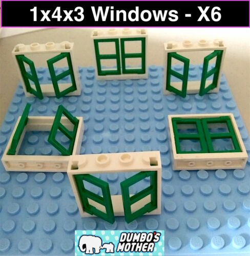 Lego White Window 1x4x3 Window w/ Green Shutter 4 Pane House Building NEW X6 - Afbeelding 1 van 1