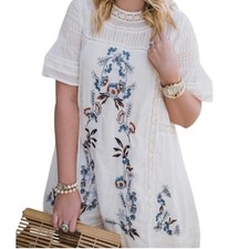 Free People Embroidered Mini Dress Cotton Cream Floral Lace Gauze Boho Size XS
