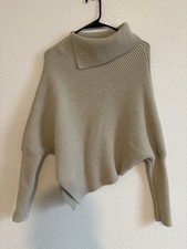 Asymmetrical Ribbed Knit Sweater Beige Mock Neck Modern Minimalist size Large