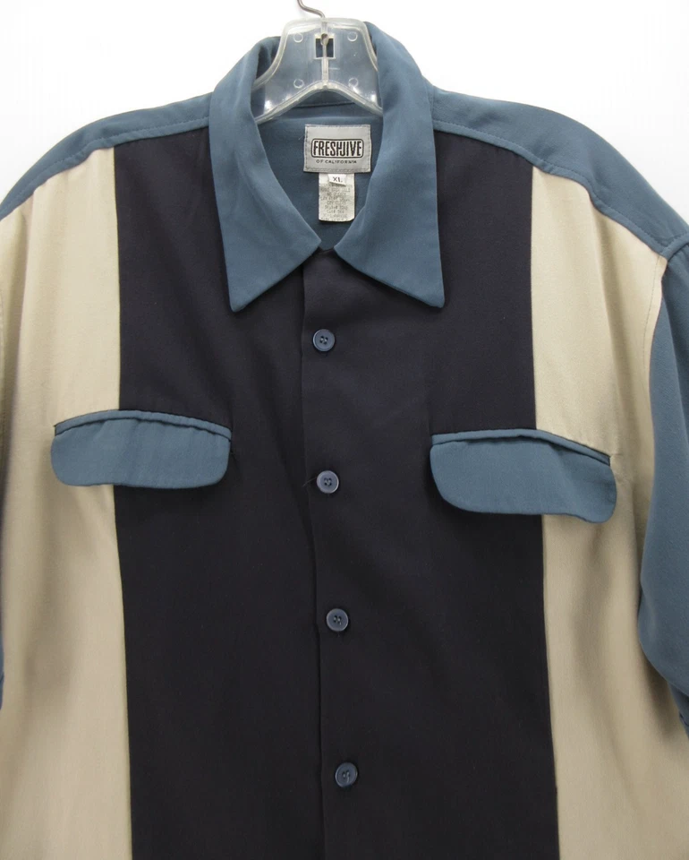 Camisa DE COLECCIÓN Freshjive Hombres XL Azul Bowling Cuello Lazo Rockabilly Resort Años 90 Foto 2 de 4