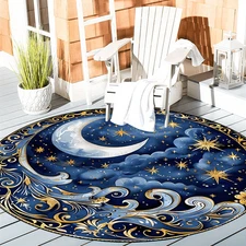 100cm*100cmLarge Round Mat - Navy Blue & Golden Celestial Night Sky Design with