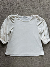 Green Envelope Womens L White Ribbed Knit Puff Sleeve Top Made in USA