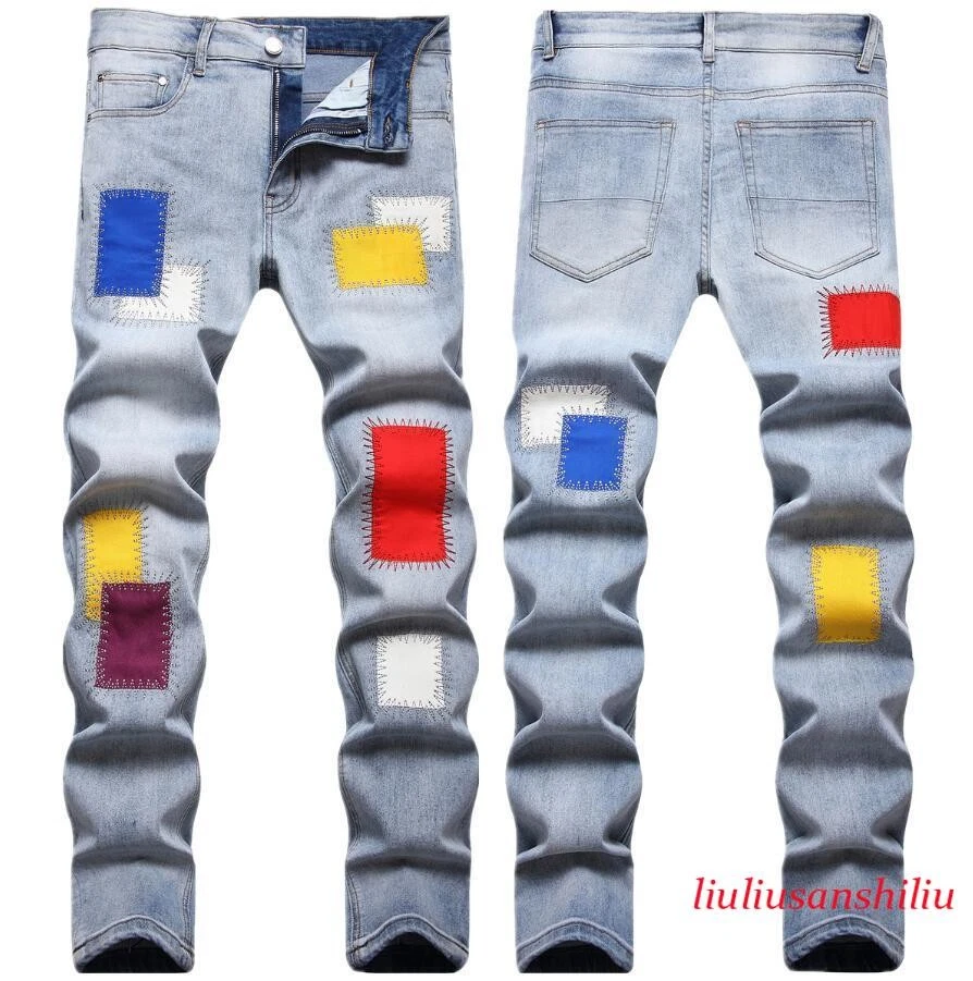 Mens Light Blue Straight Leg Casual Pants Denim Jeans Trousers Punk Hip Hop Pant