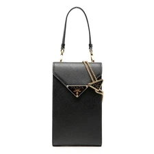 Prada Triangle Logo Plate Chain Phone Pouch 1BP050 Black Saffiano Leather Ladies