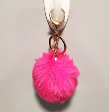 Fuschia Purse Charm Keychain Key Fob Fluffy Plush Ball Key Ring Pom-Pom