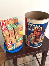 Vintage Playskool Wood Alphabet Letter Blocks Set, 75 Blocks in Canister