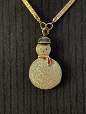 Gold Tone Snowman Pendant Necklace, Enamel, Box Chain, Lobster Clasp, Christmas