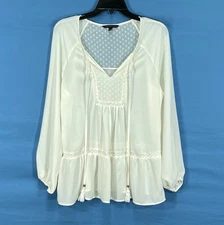 SIGNATURE STUDIO Ivory SEMI-SHEER Swiss Dots TASSELS Peasant Boho Hippie TOP S