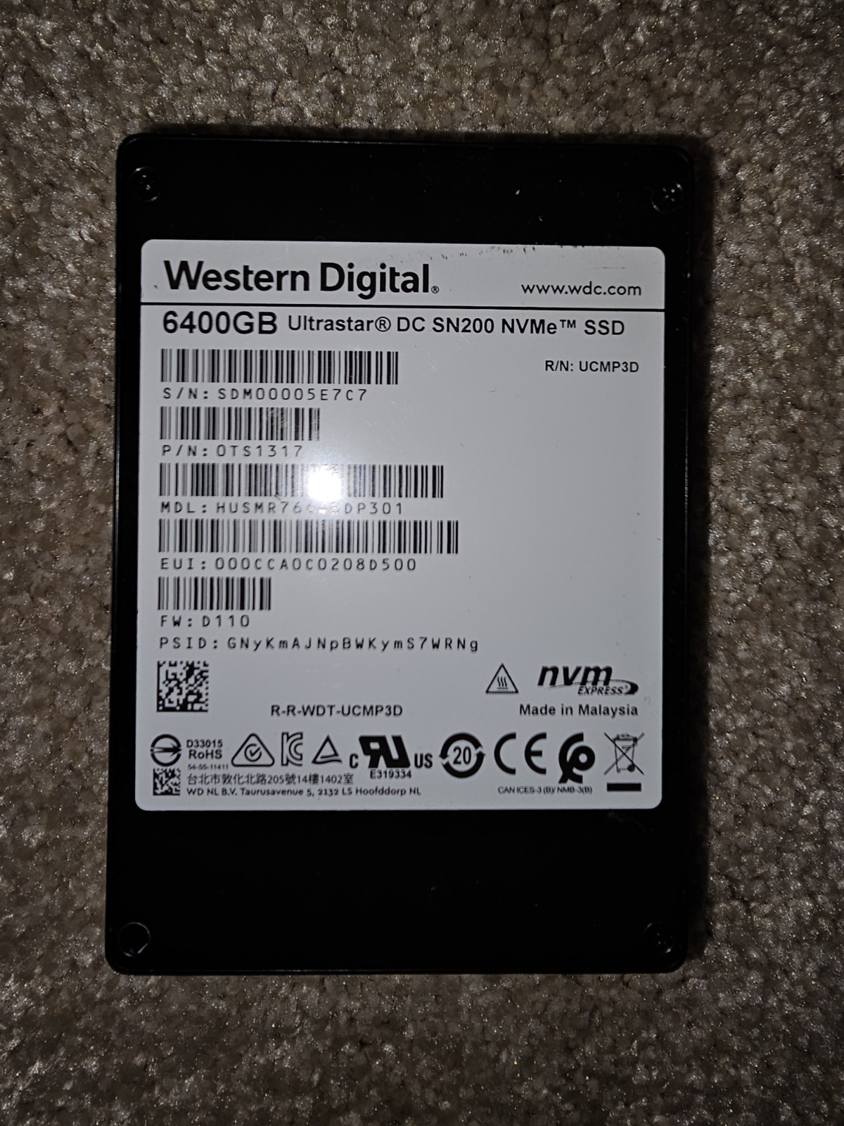 6.4TB Western Digital 0TS1317 Ultrastar SN200 PCIe NVMe (HUSMR7664BDP301)
