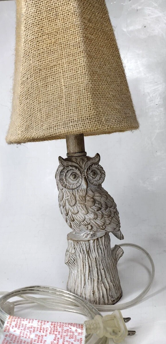Small OWL Rustic Table Lamp with Burlap Shade Switch on the Cord 14.5