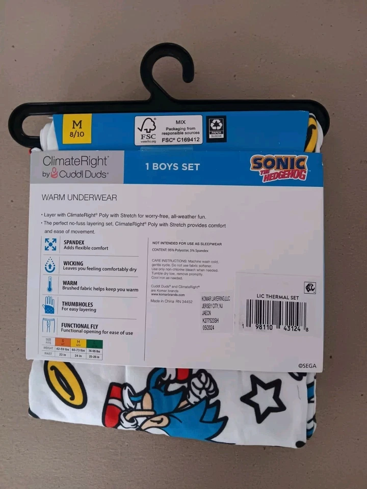 Juego de ropa interior cálida ClimateRight Cuddl Duds Sonic the Hedgehog para niños talla M 8/10 Foto 3 de 3