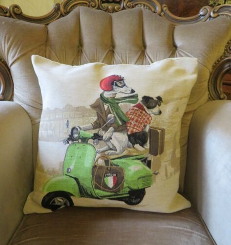 COLLIE & WHIPPET GREYHOUND DOG RIDING VESPA TAPESTRY PILLOW CUSHION COVER ONLY  - Picture 1 of 6