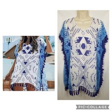 Womens CupShe Blue White Triangle Geometric Print Tassels Sheer Swim Coverup