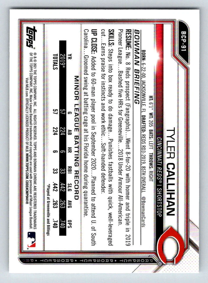 2021 Bowman Chrome Prospects #BCP91 Tyler Callihan (ref 173258) - Image 2 of 2