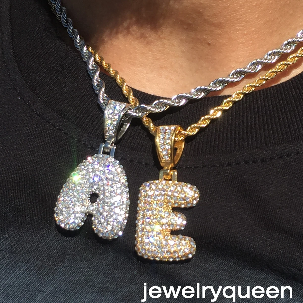 Initial Bubble Letter Gold Silver Plated Pendant Stainless Rope Chain Necklace