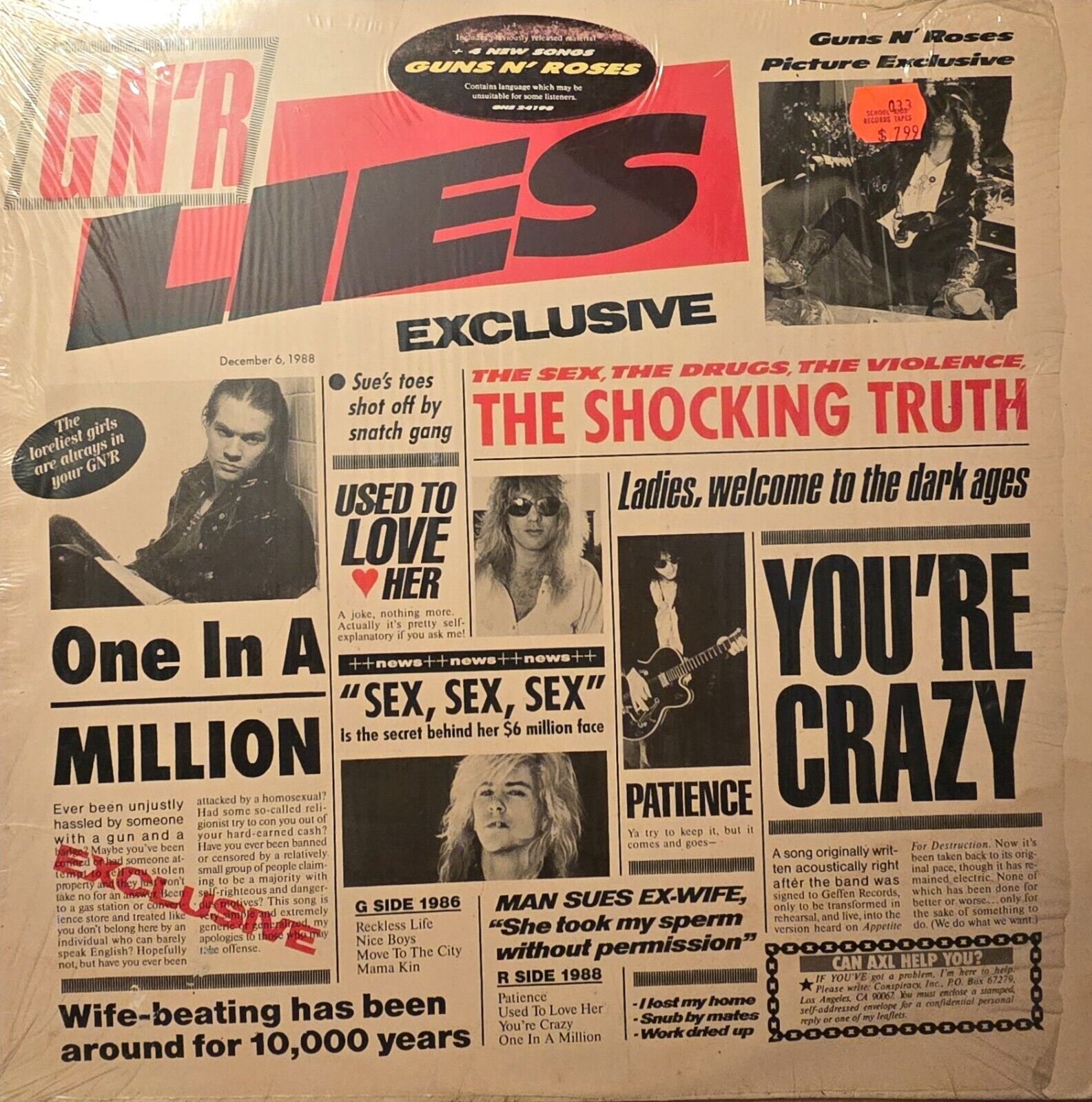 Guns N’ Roses Lies Lp Vinyl - 1988 Censored Reissue in shrink with Hype Sticker