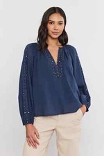 VELVET By Graham  Spencer Tina Embroidered Top Navy S 198 H2