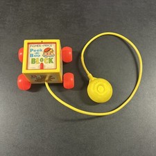 VTG 1970 Fisher Price Peek-a-Boo Block Squeeze Bulb Baby Infant Pull Toy WorKS