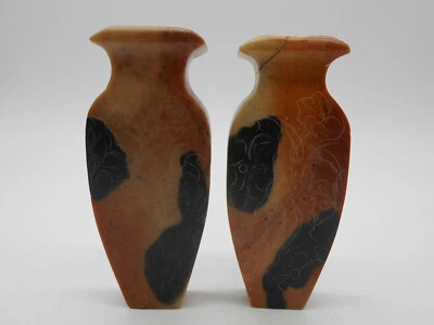 CHINE : SCULPTURE PAIRE DE VASE  EN PIERRE DE LARD / DURE SIGNÉE - Photo 1/4