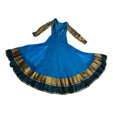Karishma Indian Pakistani Wedding Party Gown Blue Gold Beading Jacket Scarf
