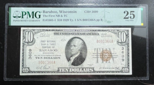 1929 TY 1 $10 DOLLAR NATIONAL CURRENCY NOTE~PMG 25 "BARABOO WISCONSIN" CH#3609 - Photo 1 sur 2