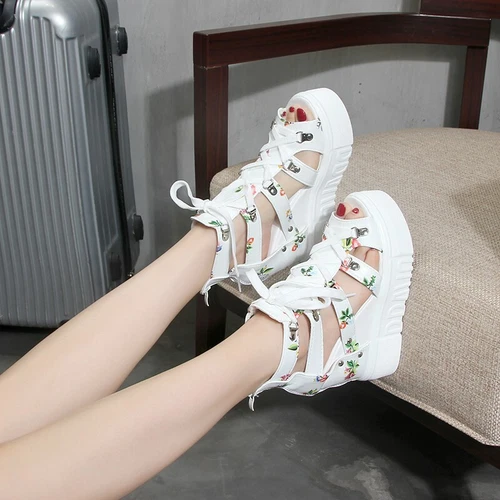 Fashion Women's Cut Out Sandals Platfrom Hidden Wedge Boots Floral Lace Up Shoes - Picture 13 of 28