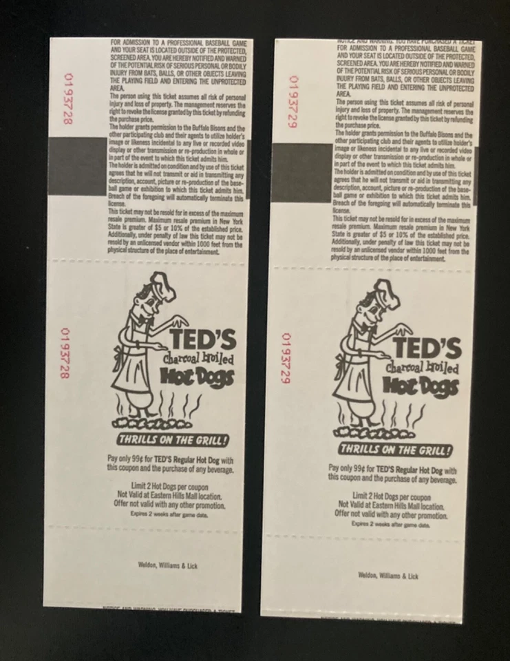 1993 Buffalo Bisons vs. Pittsburgh Pirates Ticket Stubs - Image 2 of 2