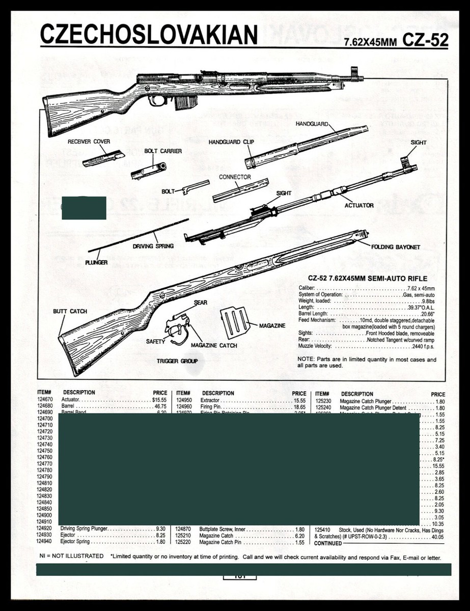 1999 CZECKOSLOVAKIAN CZ-52 Semi-Auto Rifle Schematic Rifle Part