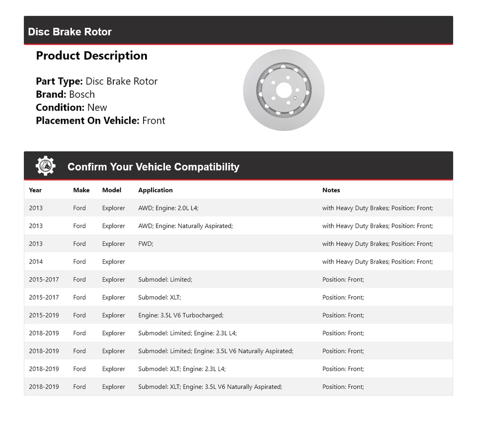 Тихий литой передний дисковый тормоз ротор для Ford Explorer Bosch 2013-2019 годов выпуска 2014 2015 годов выпуска - Изображение 2 из 4