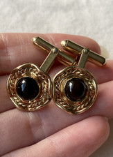 Antique Vintage Mens 1/20 12K Gold Filled Onyx Cabochon Circular Cuff Links