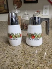 Vtg Corning Ware Spice of Life milk glass sugar shaker and creamer set.