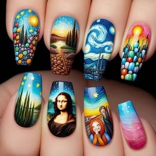24pcs Long Square Nails - Van Gogh Starry Night & Mona Lisa Artistic Designs