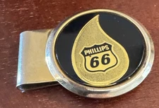 Vintage Phillips 66 Advertising Brass Money Clip Black & Gold With Teardrop Drop