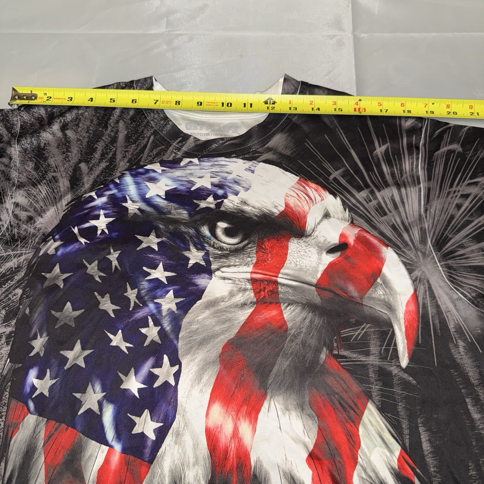 Get A Life Mens 2XL All Over Print American Flag Eagle Fireworks T-Shirt Black image 5
