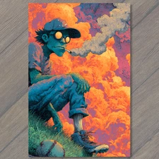 Art Print Baseball Player Smoking Cartoon Orange Clouds Blue Grass Weird Art