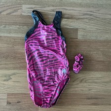 Snowflake Designs Size Child Large Pink and Black Gymnastics Leotard  Scrunchie