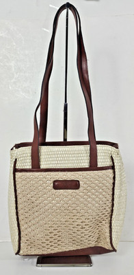 Carlo D' Santi VTG Woven Straw  Faux Leather Cream/Brown  Handbag 9''x 9''x 3''