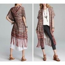 Free People Women's Jungle Heat Hood Tiger Fringe Knit Long Duster Cardigan Sz S