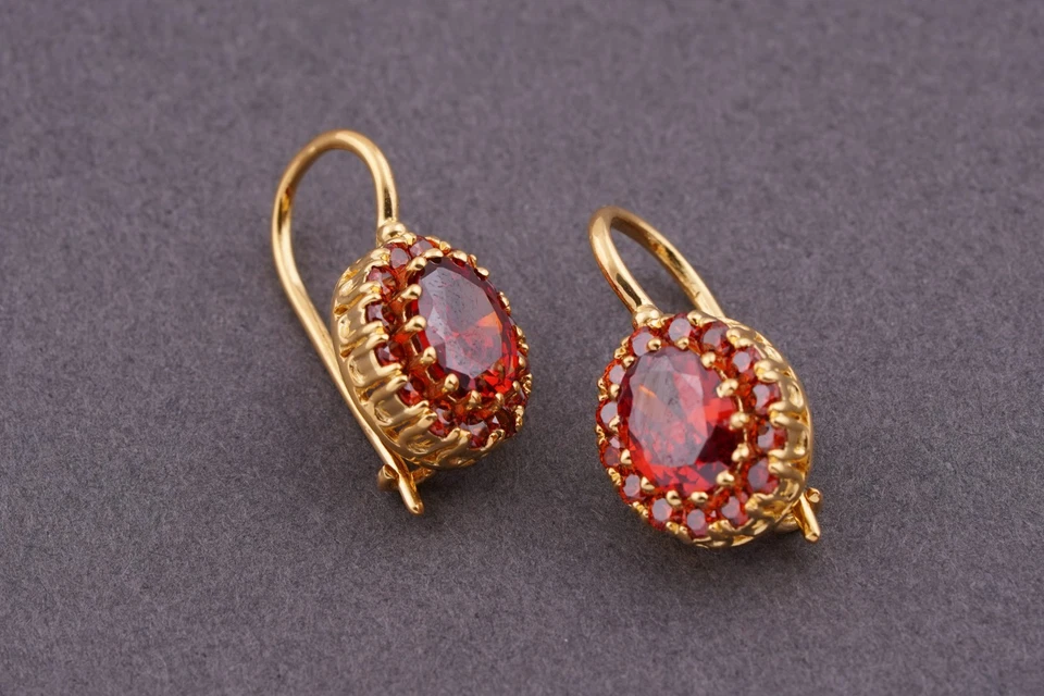 2Ct Oval Cut Lab Created Red Garnet Drop Dangle Earrings 14k Yellow Gold Plated - Image 2 of 4