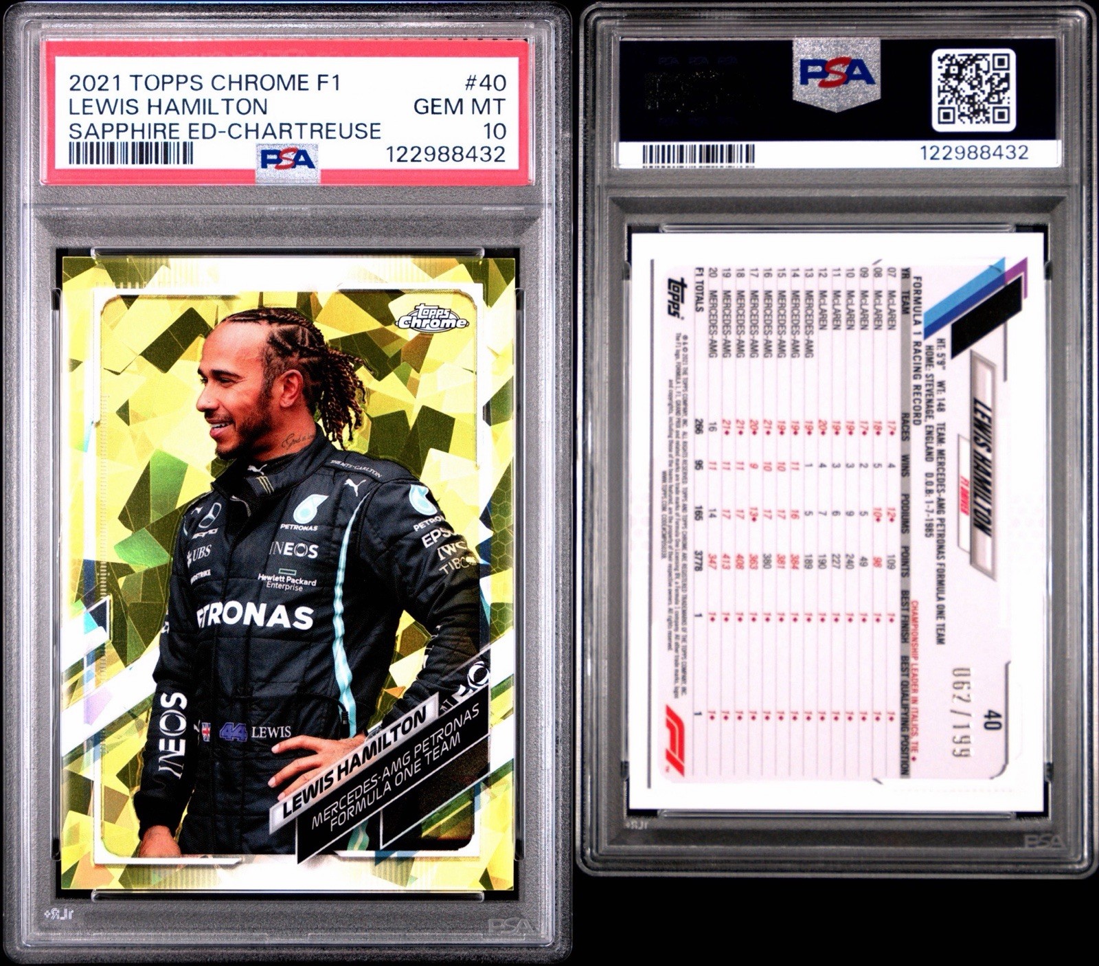 2021 Topps Chrome F1 Sapphire Lewis Hamilton Chartreuse #40 /199 PSA 10 GEM MT view 3
