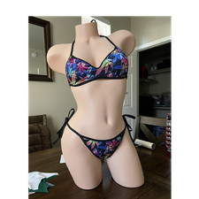 Multicolor Tropical Floral Bikini 2-Piece Black Trim Tie-Side Bottoms S B-D