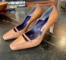Vintage Manolo Blahnik Tan Pumps with Purple Stitching EUC 39 1/2