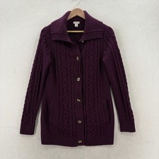 L.L.Bean Fisherman Cardigan Sweater Womens Small Purple Cotton Cable Knit Collar